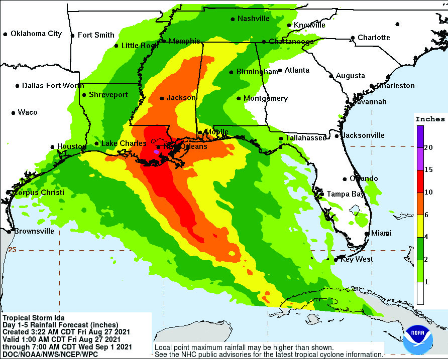 The latest projection for rain fall, according to the National Weather Service in Jackson.