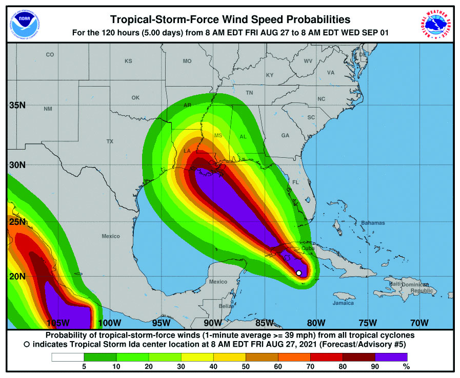 Latest projection of winds from Hurricane Ida, according to the National Weather Service in Jackson.