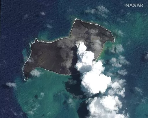 This satellite image provided by Maxar Technologies shows an overview of Hunga Tonga Hunga Ha'apai volcano in Tonga on Jan. 6, 2022, before a huge undersea volcanic eruption. (Satellite image ©2022 Maxar Technologies via AP, File)