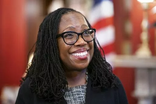 Supreme Court nominee Judge Ketanji Brown Jackson smiles as Sen. Richard Shelby, R-Ala., arrives for a meeting in his office on Capitol Hill in Washington, March 31, 2022. The first Black woman confirmed for the Supreme Court, Jackson, is officially becoming a justice. Jackson will be sworn as the court’s 116th justice at midday Thursday, June 30, just as the man she is replacing, Justice Stephen Breyer, retires. (AP Photo/J. Scott Applewhite, File)