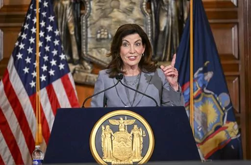 New York Gov. Kathy Hochul speaks to reporters about legislation passed during a special legislative session in the Red Room at the state Capitol, July 1, 2022, in Albany, N.Y. For California, New York and some other states trying to position themselves as safe havens for those seeking abortions, a federal court ruling this week, Wednesday, April 12, 2023, could be a setback, adding barriers to obtaining one of the two drugs usually used in combination to end pregnancies with medication. (AP Pho