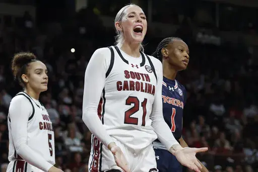 South Carolina forward Chloe Kitts (21) reacts after being charged with a foul during the second half of an NCAA college basketball game against Auburn in Columbia, S.C., Sunday, Feb. 2, 2025. (AP Photo/Nell Redmond)