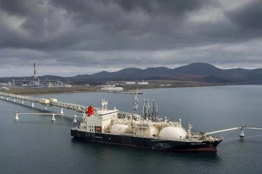 The tanker Sun Arrows loads its cargo of liquefied natural gas from the Sakhalin-2 project in the port of Prigorodnoye, Russia, on Friday, Oct. 29, 2021. Europe's natural gas woes are far from over in Jan. 2022. Prices are high. Underground reserves that are relied on in cold weather are low. Russia's state-owned Gazprom isn't selling as much spot gas as it used to. The pipeline operators have told the European Union's executive commission that if there's a cold winter, the continent's gas compa