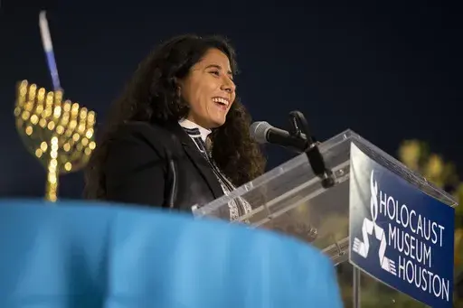Harris County Judge Lina Hidalgo speaks during a Chicanukah event at Holocaust Museum Houston on Thursday, December 19, 2024, in Houston. (AP Photo/Annie Mulligan)