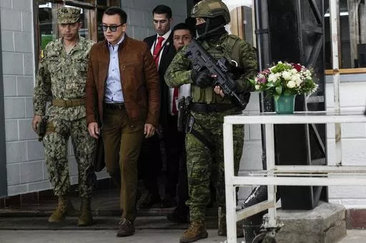 President Daniel Noboa arrives for an event with youths in El Quinche, Ecuador, Monday, April 8, 2024. (AP Photo/Dolores Ochoa)