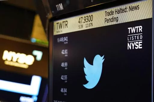 The symbol for Twitter appears above a trading post on the floor of the New York Stock Exchange, Tuesday, Oct. 4, 2022. Trading in shares of Twitter was halted after the stock spiked on reports that Elon Musk would proceed with his $44 billion deal to buy the company after months of legal battles.(AP Photo/Seth Wenig)
