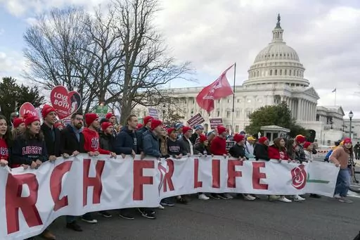 Anti-abortion activists march outside of the U.S. Capitol during the March for Life in Washington, Friday, Jan. 20, 2023. In June 2022, the Supreme Court’s Dobbs v. Jackson Women’s Health Organization ruling overturned the 1973 Roe v. Wade decision that had legalized abortion nationwide. (AP Photo/Jose Luis Magana, File)