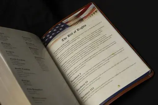 The Bill of Rights is printed in Republican presidential nominee former President Donald Trump's "God Bless the USA" Bible in Washington, Tuesday, Oct. 8, 2024. (AP Photo/Ben Curtis)