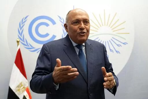 Sameh Shoukry, Egypt Foreign Minister and COP27 president, speaks during an interview with The Associated Press at the COP27 U.N. Climate Summit, Thursday, Nov. 10, 2022, in Sharm el-Sheikh, Egypt. (AP Photo/Peter Dejong)