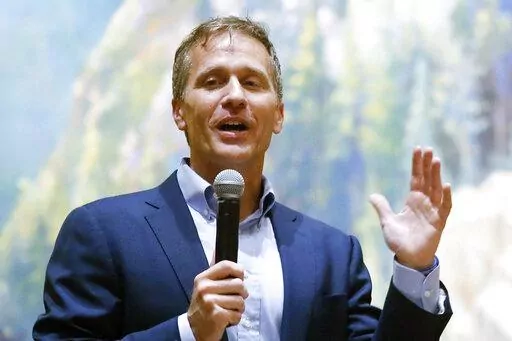 Former Missouri Gov. Eric Greitens, speaks at the Taney County Lincoln Day event at the Chateau on the Lake in Branson, Mo., April 17, 2021.   Greitens, a Republican candidate for U.S. Senate in Missouri, has posted a campaign video ad on Twitter that shows him brandishing a long gun and declaring that he’s hunting RINOs, or Republicans In Name Only.  (Nathan Papes/The Springfield News-Leader via AP, File)
