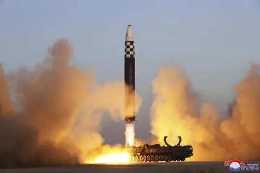 This photo provided by the North Korean government shows what it says is an intercontinental ballistic missile in a launching drill at the Sunan international airport in Pyongyang, North Korea on March 16, 2023. Independent journalists were not given access to cover the event depicted in this image distributed by the North Korean government. The content of this image is as provided and cannot be independently verified. Korean language watermark on image as provided by source reads: "KCNA" which 