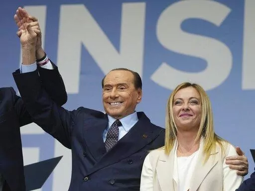 Forza Italia's Silvio Berlusconi, and Brothers of Italy's Giorgia Meloni attend the center-right coalition closing rally in Rome Thursday, Sept. 22, 2022. The resounding victory by far-right leader Giorgia Meloni in Sept. 25 elections for Parliament isn't sitting well with Silvio Berlusconi, the former three-time conservative premier who, 40 years her senior, fancies himself the elder statesman of Italy's political right. (AP Photo/Gregorio Borgia, File)