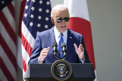 President Joe Biden speaks during a news conference with Japanese Prime Minister Fumio Kishida in the Rose Garden of the White House, Wednesday, April 10, 2024, in Washington. (AP Photo/Alex Brandon)