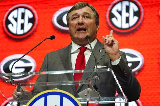 Georgia head coach Kirby Smart speaks during NCAA college football Southeastern Conference Media Days, Wednesday, July 20, 2022, in Atlanta. (AP Photo/John Bazemore)
