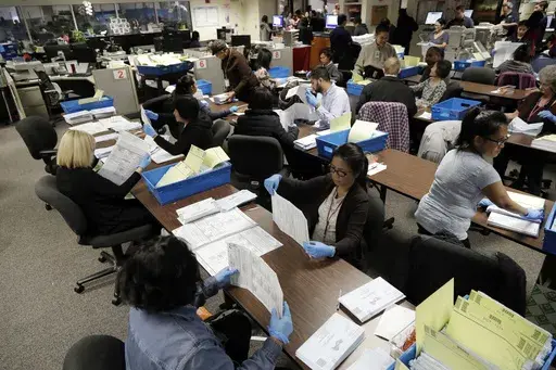 This Nov. 4, 2016, file photo shows mail-in ballots being sorted at the Santa Clara County Registrar of Voters in San Jose, Calif. (AP Photo/Marcio Jose Sanchez, File)