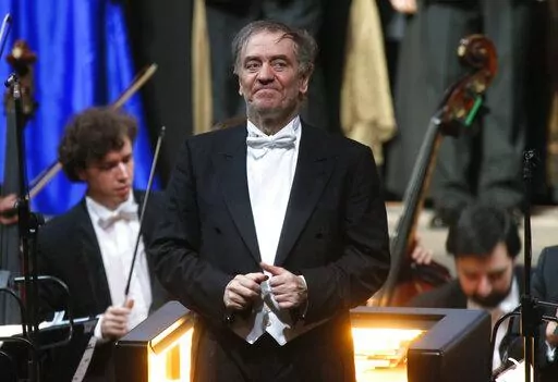In this Wednesday, May 1, 2013 photo, Valery Gergiev, looks on after a "pre-premiere" performance, put on for veterans and senior employees of the theatre in the new Mariinsky Theatre on the eve of the it's official opening in St.Petersburg, Russia.  Gergiev, a conductor who is close to Russia President Vladimir Putin, will not lead the Vienna Philharmonic in a five-concert U.S. tour that starts at Carnegie Hall on Friday night. The 68-year-old Russian conductor is music director of the Mariinsk