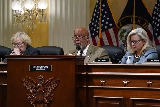 Chairman Bennie Thompson, D-Miss., center, flanked by Rep. Zoe Lofgren, D-Calif., left, and Vice Chair Liz Cheney, R-Wyo., makes a statement as the House committee investigating the Jan. 6 attack on the U.S. Capitol convenes in Washington, March 28, 2022. The House committee investigating the Jan. 6 insurrection at the Capitol will go public with its findings in a hearing next week, launching into what lawmakers hope will be one the most consequential oversight efforts in American history. (AP P