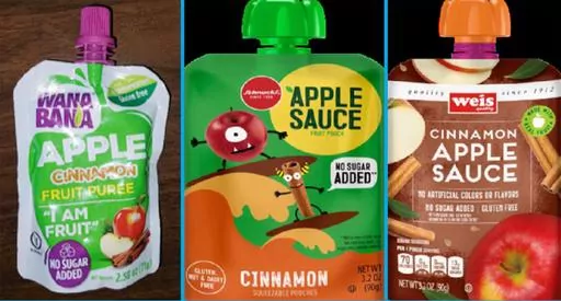 This image provided by the U.S. Food and Drug Administration on Thursday, Nov. 17, 2023, shows three recalled applesauce products - WanaBana apple cinnamon fruit puree pouches, Schnucks-brand cinnamon-flavored applesauce pouches and variety pack, and Weis-brand cinnamon applesauce pouches. U.S. food inspectors found “extremely high” lead levels in cinnamon at a plant in Ecuador that made applesauce pouches tainted with the metal. The recalled pouches have been linked to dozens of illnesses i