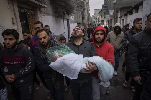 Mohammad Shouman carries the body of his daughter, Masa, who was killed in an Israeli bombardment of the Gaza Strip, during her funeral in Rafah, southern Gaza, Jan. 17, 2024. (AP Photo/Fatima Shbair, File)