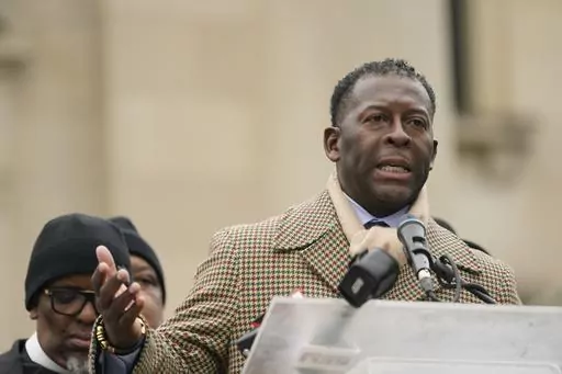 Mississippi state Rep. Chris Bell, D-Jackson, speaks outside the Mississippi state Capitol in Jackson, Miss., Jan. 31, 2023. Bell sponsored a bill that will decriminalize testing materials to detect the synthetic opioid fentanyl. The bill passed with broad bipartisan support. Republican Gov. Tate Reeves signed the measure, which will become law July 1, 2023. (AP Photo/Rogelio V. Solis, File)