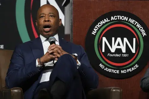 New York Mayor Eric Adams speaks during the New York City Mayoral Candidates Forum at the National Action Network National Convention, Thursday, April 3, 2025, in New York. (AP Photo/Richard Drew)
