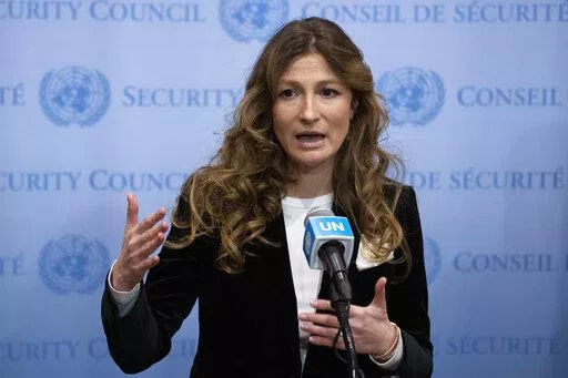 Ms. Emine Dzhaparova, First Deputy Foreign Minister of Ukraine, speaks outside the Security Council chambers at United Nations headquarters, Thursday, Jan. 12, 2023. (AP Photo/John Minchillo)