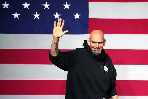 Pennsylvania Lt. Gov. John Fetterman takes the stage at an election night party in Pittsburgh on Nov. 9, 2022. Fetterman, the Pennsylvania Democrat who suffered a stroke during his campaign last year, was hospitalized Wednesday night, Feb. 8, 2023, after feeling lightheaded while attending a Senate Democratic retreat, his office said. (AP Photo/Gene J. Puskar, File)