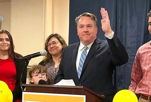 U.S. Rep. Alex Mooney talks to supporters after defeating David McKinley in the 2nd Congressional District Republican primary, late Tuesday, May 10, 2022, in Harpers Ferry, W.Va. (Kevin Tester/The Journal via AP)