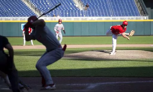Maryland's Will Glock pitches in the 11th inning against Indiana during a Big Ten college baseball tournament game Saturday, May 28, 2022, in Omaha, Neb. (Megan Nielsen/Omaha World-Herald via AP)