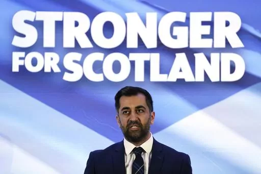 Newly elected Scottish National Party leader Humza Yousaf speaks after being announced new SNP leader, at Murrayfield Stadium, in Edinburgh, Scotland, Monday, March 27, 2023. Scotland’s governing Scottish National Party elected Yousaf as its new leader on Monday after a bruising five-week contest that exposed deep fractures within the pro-independence movement. The 37-year-old son of South Asian immigrants is set to become the first person of color to serve as Scotland’s first minister. (And