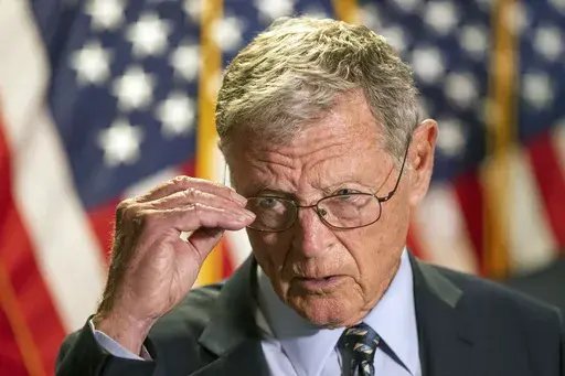 In this June 30, 2020, file photo, Sen. James Inhofe, R-Okla., speaks to reporters following a GOP policy meeting on Capitol Hill in Washington. Sen. Inhofe has died Tuesday, July 9, 2024. He was 89. (AP Photo/Manuel Balce Ceneta, File)