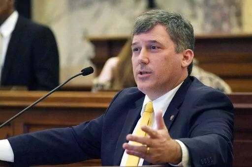Republican Sen. Daniel Sparks of Belmont, explains the essence of a bill that would place new restrictions on car manufacturers for opening brick-and-mortar car dealerships, in the Chamber at the Mississippi Capitol in Jackson, Thursday, March 2, 2023. The bill, which passed, sparked an intraparty debate among Republican lawmakers, with opponents arguing it would stop electric car makers from bringing new technology and jobs to the state. (AP Photo/Rogelio V. Solis)