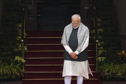 Indian Prime Minister Narendra Modi waits for the arrival of Egyptian President Abdel Fattah El-Sisi at Hyderabad house, in New Delhi, India, Wednesday, Jan. 25, 2023. Days after India blocked a BBC documentary that examines Modi’s role during 2002 anti-Muslim riots and banned people from sharing it online, authorities are scrambling to halt screenings of the film in colleges and universities and restricting its clips on social media, a move that has been decried by critics as an assault on pr