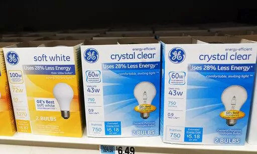 General Electric light bulbs are displayed in a supermarket April 5, 2021 in New York. The Biden administration is scrapping old-fashioned incandescent light bulbs. Rules finalized by the Energy Department will require manufacturers to sell energy-efficient lightbulbs, accelerating a longtime industry practice to use compact fluorescent and LED bulbs that last 25 to 50 times longer than incandescent bulbs. (AP Photo/Mark Lennihan, File)