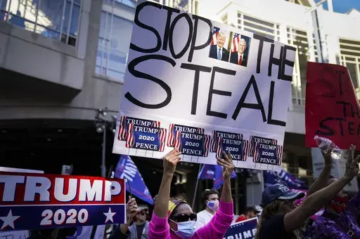 President Donald Trump supporters gather with some signs claiming a stolen election outside the Philadelphia Convention Center as they await general election tabulation results, Nov. 6, 2020, in Philadelphia. (AP Photo/John Minchillo, File)