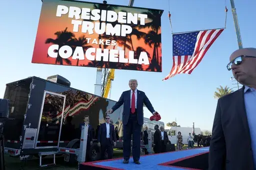 Republican presidential nominee former President Donald Trump arrives to speak at a campaign rally at the Calhoun Ranch, Saturday, Oct. 12, 2024, in Coachella, Calif. (AP Photo/Alex Brandon)