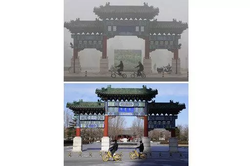 Cyclists ride past a traditional Chinese gateway during a day murky from fog and pollution in Beijing, on Oct. 26, 2007, top, and the same location on Feb. 5, 2022. Beijing’s air still has a long way to go, but is measurably better than past years. (AP Photo/Ng Han Guan, File)
