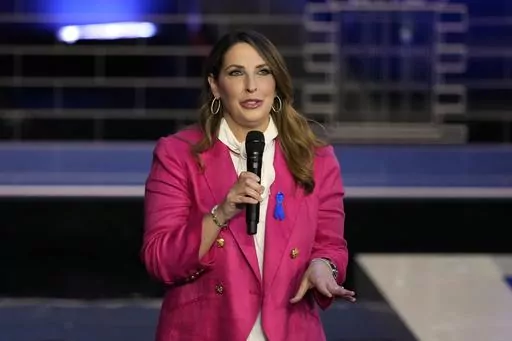 Republican National Committee chair Ronna McDaniel speaks before a Republican presidential primary debate hosted by NBC News, Nov. 8, 2023, at the Adrienne Arsht Center for the Performing Arts of Miami-Dade County in Miami. Former NBC News “Meet the Press” moderator Chuck Todd criticized his network Sunday, March 24, 2024, for hiring former Republican National Committee head McDaniel as a paid contributor, saying on the air that many NBC journalists are uncomfortable with the decision. (AP P