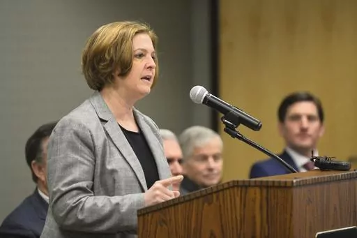 Texas A&M President Katherine Banks speaks during an announcement about the Texas A&M-Concho Engineering Academy, Feb. 14, 2019, in the Carrasco Room at Midland College in Midland, Texas. Texas A&M University announced Friday, July 21, 2023, that Banks has resigned after a Black journalist's celebrated hiring at one of the nation's largest campuses unraveled following pushback over her diversity and inclusion work.(James Durbin/Reporter-Telegram via AP)