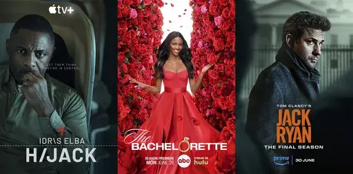 This combination of images shows promotional art for the Apple TV+ series "Hijack," left, the ABC romance reality series "The Bachelorette," center, and the Amazon Prime series "Jack Ryan." (Apple TV+/ABC/Amazon Prime via AP)