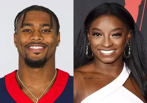 Jonathan Owens of the Houston Texans NFL football team appears in 2021, left, and Olympic gymnast Simone Biles appears at the MTV Video Music Awards in New York on Sept. 12, 2021. Biles confirmed on her social media account that she and Owens are engaged. (AP Photo)