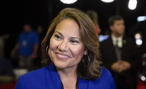 Rep. Veronica Escobar, D-Texas, is pictured in the spin room after a presidential debate, Sept. 10, 2024, in Philadelphia. (AP Photo/Matt Rourke, File)