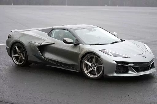 The 2024 Corvette E Ray is displayed, Thursday, Jan. 12, 2023, in Milford Mich. The fastest corvette ever made comes out next year, and it's not powered soley by the traditional howling V8. The E Ray is a gas electric hybrid, the first all wheel drive version of the storied sports car with the front wheels running on a battery. Aimed at affluent buyers who want new technology in the top-line Chevrolet sports car, the $104,000 E Ray jerks your head back as it goes from zero to 60 mph in 2.5 secon