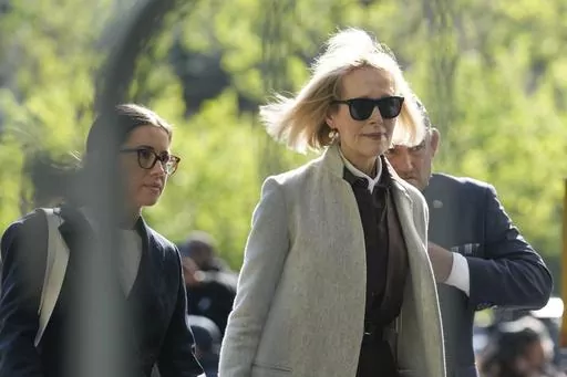 E. Jean Carroll arrives to a courthouse in New York, Tuesday, April 25, 2023. Columnist Carroll, who won a $5 million sexual abuse and defamation award against former President Donald Trump, filed an amended lawsuit against him on Monday, May 22, 2023, seeking to hold him liable for remarks he made after the verdict. (AP Photo/Seth Wenig, File)