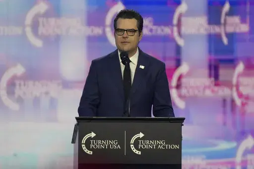 Former Rep. Matt Gaetz, R- Fla., speaks at AmericaFest, Sunday, Dec. 22, 2024, in Phoenix. (AP Photo/Rick Scuteri)