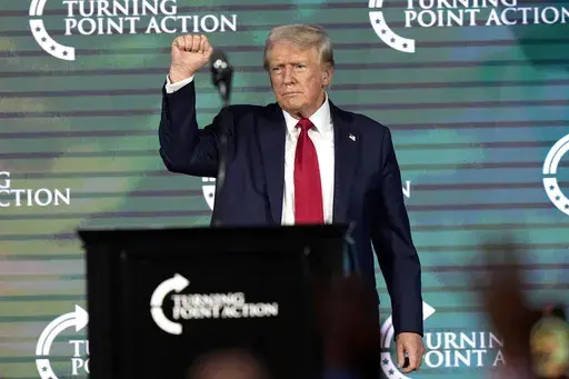 Republican presidential candidate former President Donald Trump gestures as he finishes speaking at The Believers' Summit 2024 at a Turning Point Action event in West Palm Beach, Fla., July 26, 2024. (AP Photo/Lynne Sladky, File)