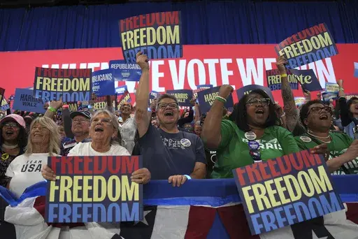 Supporters cheer as Democratic presidential nominee Vice President Kamala Harris speaks during a campaign event at the PA Farm Show Complex and Expo Center, Wednesday, Oct. 30, 2024, in Harrisburg, Pa. (AP Photo/Matt Rourke)
