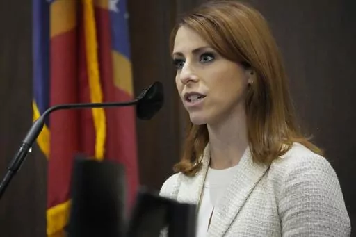 Mandy Gunasekara, a Republican candidate on the primary ballot for the Northern District Public Service Commissioner post, answers questions regarding a residency challenge in Hinds County Circuit Court, March 22, 2023, in Jackson, Miss. The Mississippi Supreme Court on Thursday, May 11, affirmed a judge's ruling that Gunasekara failed to meet a five-year residency requirement and cannot appear on the ballot. (AP Photo/Rogelio V. Solis, File)