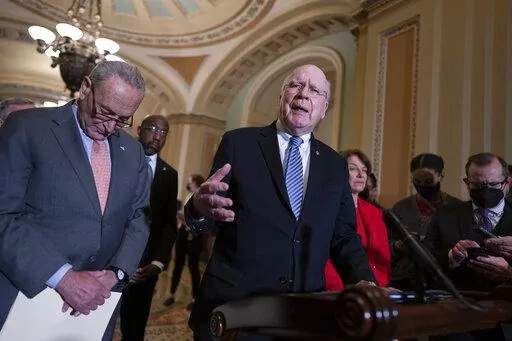 From left, Senate Majority Leader Chuck Schumer, D-N.Y., Sen. Raphael Warnock, D-Ga., Sen. Patrick Leahy, D-Vt., chair of the Senate Appropriations Committee, and Sen. Amy Klobuchar, D-Minn., chair of the Senate Rules Committee, talk about the need for the John Lewis Voting Rights Advancement Act, as they speak to reporters following a Democratic policy meeting at the Capitol in Washington, Nov. 2, 2021. Democrats are mounting an impassioned push to overhaul Senate rules that stand in the way of