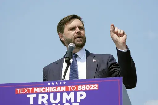 Republican vice presidential nominee Sen. JD Vance, R-Ohio speaks at a campaign event, Wednesday, Aug. 14, 2024, in Byron Center, Mich. (AP Photo/Carlos Osorio)